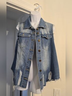 Distressed oversized Blue Collared Denim Jean Vest Size XL Button Front